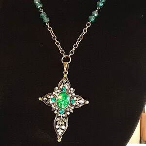 Handmade Cross Necklce Bronze Green Rhinestone 24" Long Chain